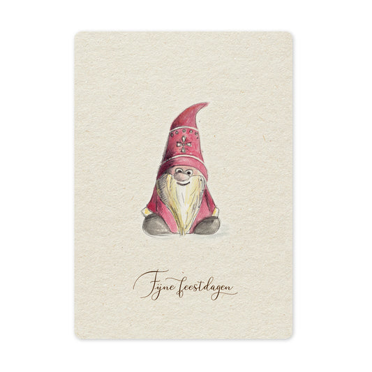 Een mooie duurzame enkele kaart met een tafereel van een tomte / kerstkabouter in aquarel voor een Kerstgroet of een Nieuwjaarswens. De illustraties zijn gemaakt in onze grafische studio. Gedrukt op Paperwise Naturel, boomvrij papier van landbouwrestafval. 