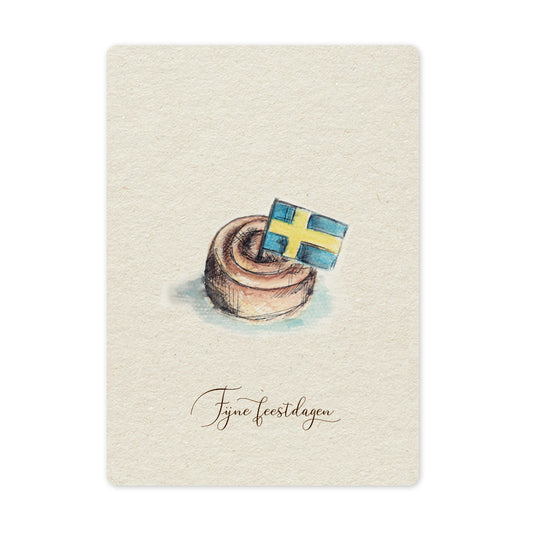 Een mooie duurzame enkele kaart met een tafereel van een Zweeds kaneelbroodje kanelbulle in aquarel voor een Kerstgroet of een Nieuwjaarswens. De illustraties zijn gemaakt in onze grafische studio. Gedrukt op Paperwise Naturel, boomvrij papier van landbouwrestafval. 