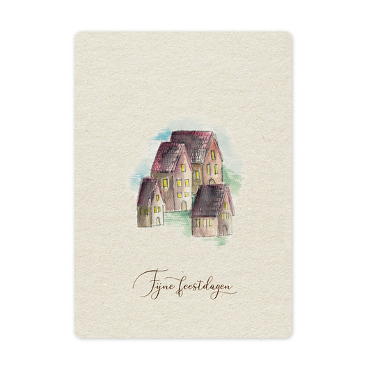Een mooie duurzame enkele kaart met een tafereel van een kerstdorpje in aquarel voor een Kerstgroet of een Nieuwjaarswens. De illustraties zijn gemaakt in onze grafische studio. Gedrukt op Paperwise Naturel, boomvrij papier van landbouwrestafval. 