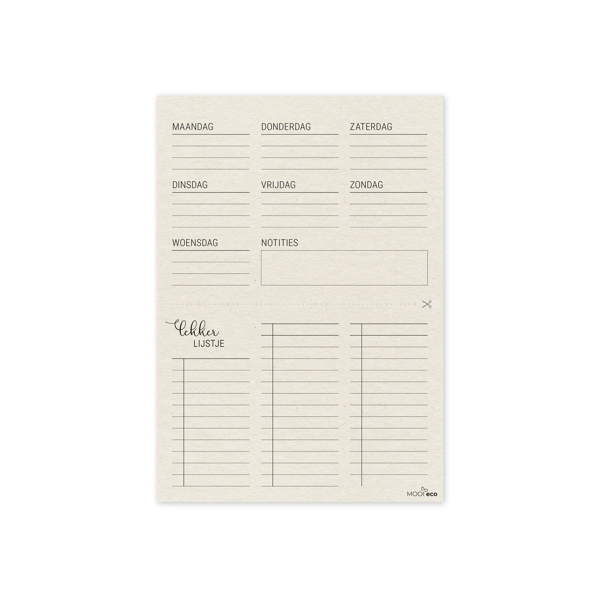 Duurzame menuplanner, weekoverzicht met boodschappenlijstje - boomvrij papier / plasticvrij verpakt 