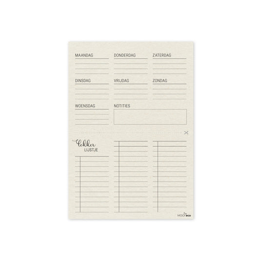 Duurzame menuplanner, weekoverzicht met boodschappenlijstje - boomvrij papier / plasticvrij verpakt 