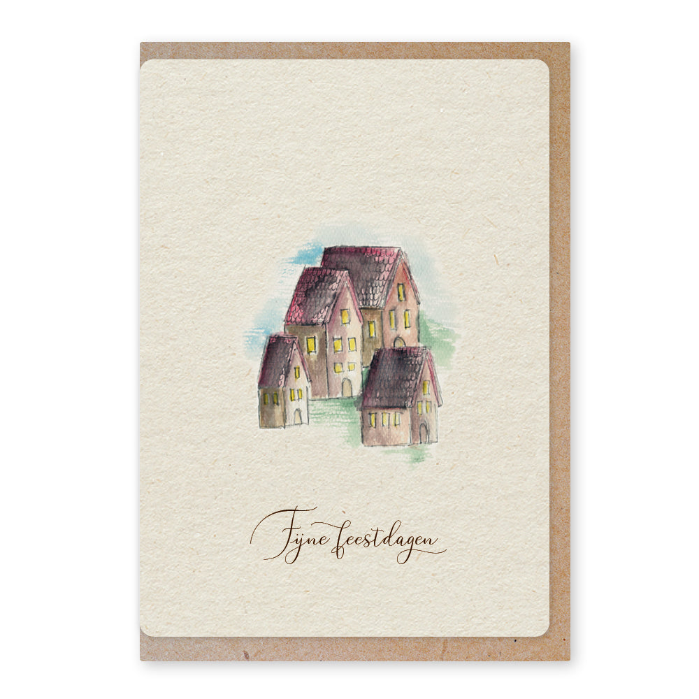 Een mooie duurzame enkele kaart met een tafereel van een kerstdorpje&nbsp;in aquarel voor een Kerstgroet of een Nieuwjaarswens. De illustraties zijn gemaakt in onze grafische studio. Gedrukt op Paperwise Naturel, boomvrij papier van landbouwrestafval.&nbsp;
