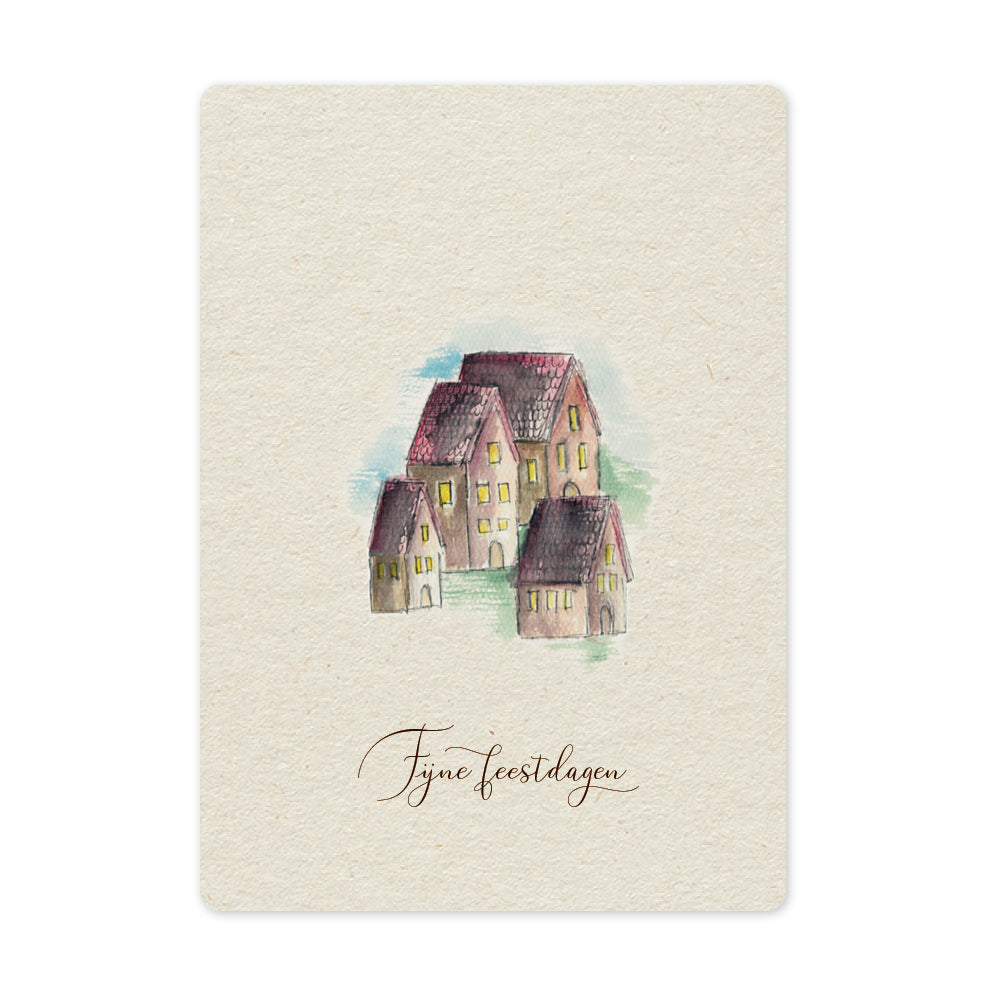 Een mooie duurzame enkele kaart met een tafereel van een kerstdorpje&nbsp;in aquarel voor een Kerstgroet of een Nieuwjaarswens. De illustraties zijn gemaakt in onze grafische studio. Gedrukt op Paperwise Naturel, boomvrij papier van landbouwrestafval.&nbsp;