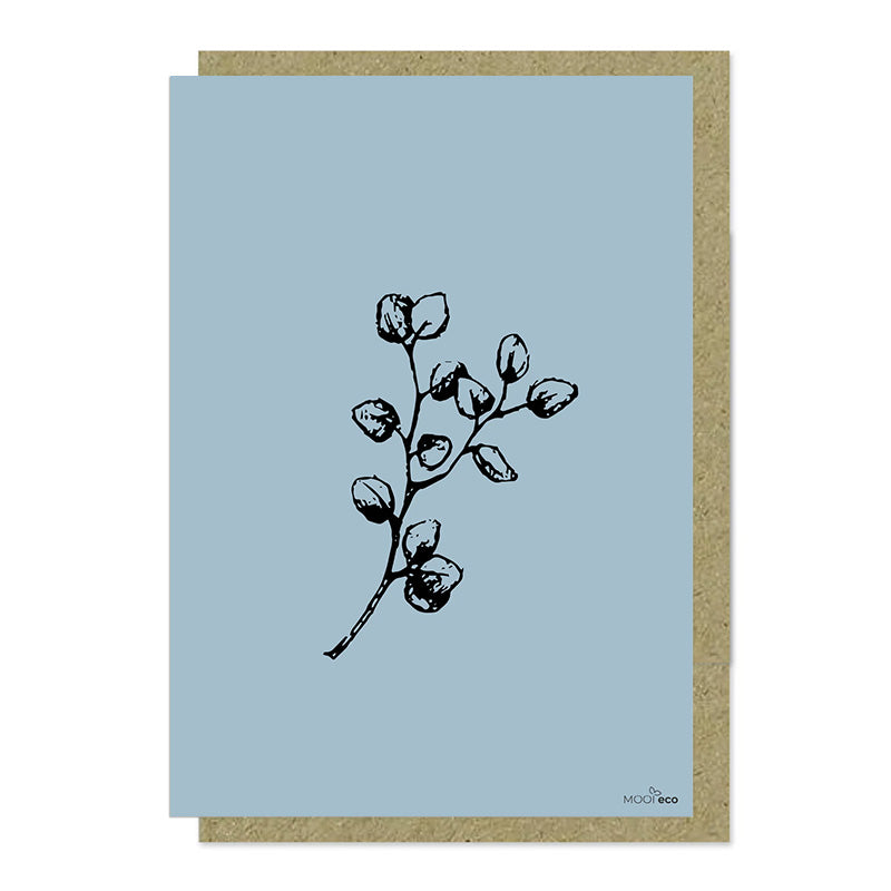 Een mooie grote duurzame kaart met een afbeelding van een eucalyptus. De illustraties zijn gemaakt in onze grafische studio. Gedrukt op Paperwise Naturel, boomvrij papier van landbouwrestafval.