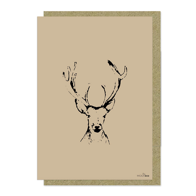 Een mooie grote duurzame kaart met een afbeelding van een hert. De illustraties zijn gemaakt in onze grafische studio. Gedrukt op Paperwise Naturel, boomvrij papier van landbouwrestafval.